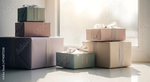 Fototapeta Softly illuminated pastel gift boxes, elegantly wrapped with delicate ribbons, symbolizing heartfelt generosity and the joy of festive celebrations