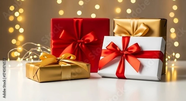 Fototapeta Festive Gifts Colorful Wrapped Presents with Ribbons and Bows, Perfect for Celebrations and Special Occasions