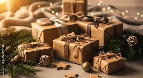 Fototapeta A warm and cozy holiday scene featuring beautifully wrapped Christmas gifts in rustic brown paper, surrounded by pine branches and festive decorations