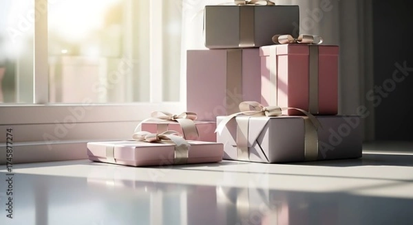 Fototapeta Stack of Gift Boxes with Ribbons, Sunlight and Reflections A Festive Composition