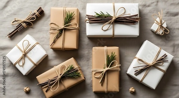 Fototapeta Flat lay of beautifully wrapped rustic Christmas gifts in brown and white paper, tied with twine and decorated with natural twigs and greenery