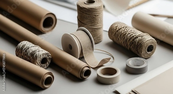 Fototapeta Rustic and eco-friendly packaging essentials featuring rolls of natural brown kraft paper, various styles of twine, and adhesive tape, ideal for sustainable crafting, gift wrapping, and DIY projects