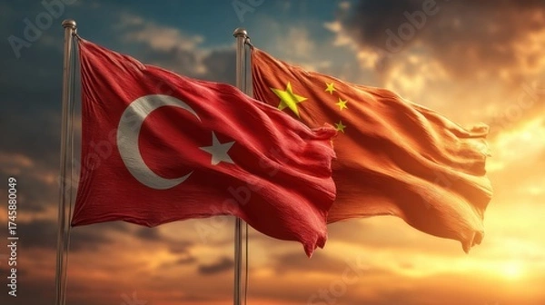 Fototapeta Flags of Turkey and China waving together under a sunset sky showcasing unity and friendship