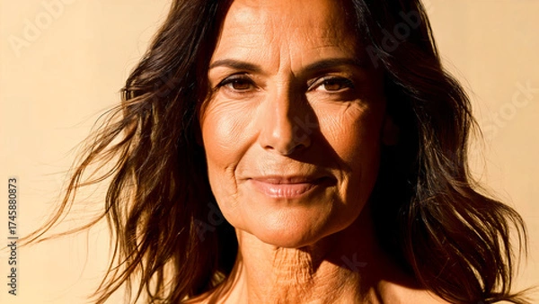 Fototapeta Close-up portrait of a mature woman with wavy brown hair, gentle smile, and visible skin texture in warm natural light against a beige background. Concept: confidence, real beauty, aging well