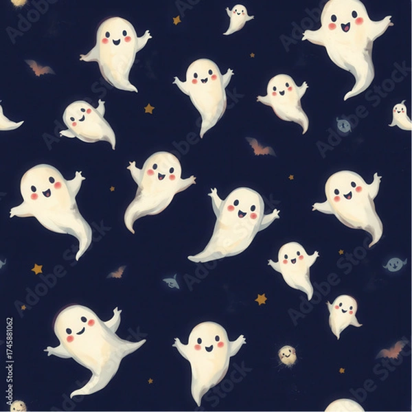 Fototapeta Seamless pattern of adorable, floating, friendly ghosts with playful expressions on dark background, for Halloween packaging, textiles, and digital backgrounds.eps