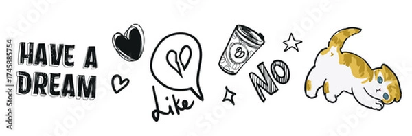 Fototapeta Print A set of design elements for teenage girls, sketches, and a cat in vector for textiles and design. Vector illustration