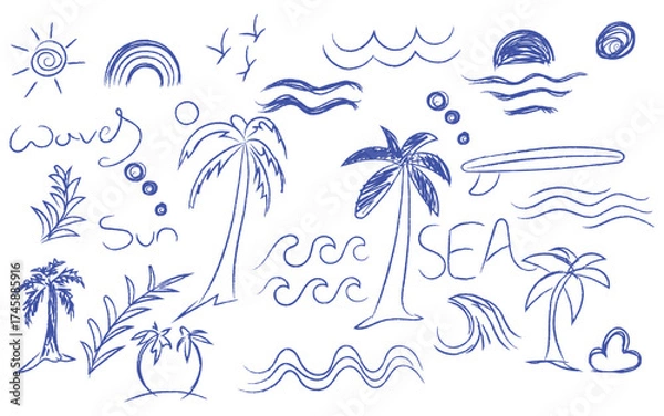 Fototapeta Blue summer beach doodles, Tropical line art design, Ocean travel sketch art
