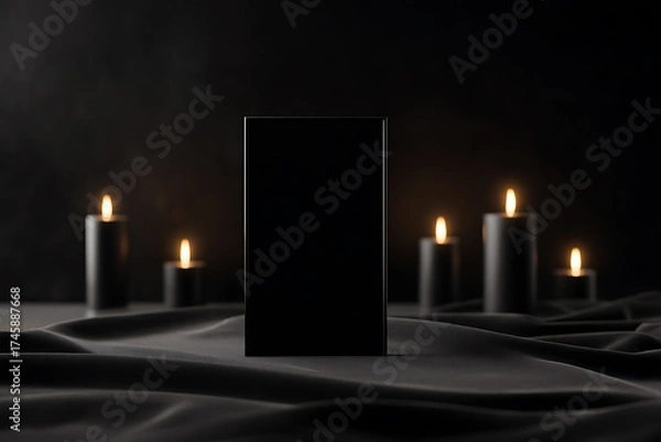 Fototapeta memorial candle display, a serious film homage with a front view showing a solid black amidst realistic, emotional lighting and glowing candles