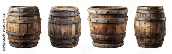 Fototapeta Authentic rustic wooden barrel set with metal bands, perfect for beverage aging, storage, or pirate themes PNG set Transparent backround