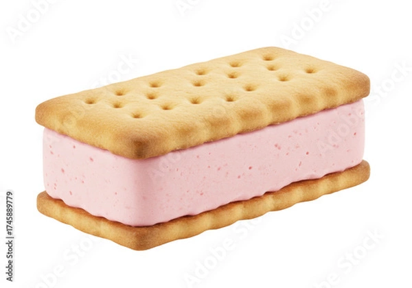 Fototapeta Strawberry ice cream sandwich isolated on white, delicious frozen dessert with biscuits for summer treat and snack