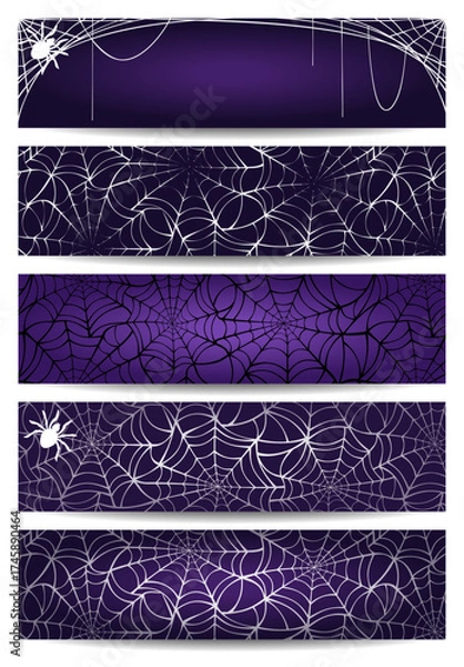 Fototapeta Web banners with spider web and spiders. Set of vector Halloween purple web banners with spider web