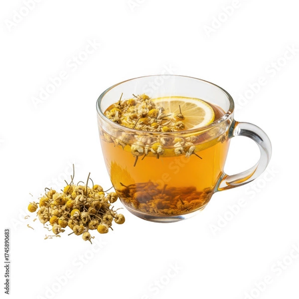 Fototapeta A clear glass mug filled with hot chamomile tea, garnished with dried chamomile flowers and a lemon slice, isolated on transparent background