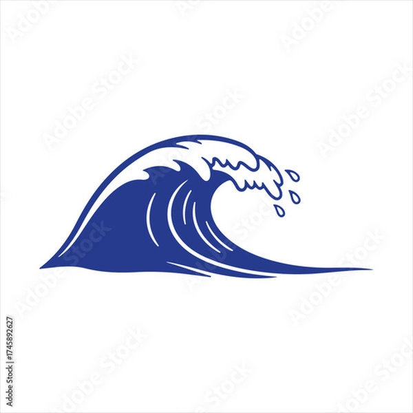 Fototapeta Vector art of a stylized illustration of a breaking ocean wave in a deep blue color, isolated on a