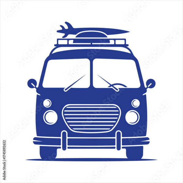 Fototapeta Vector art of front view silhouette of a vintage van with a surfboard on the roof