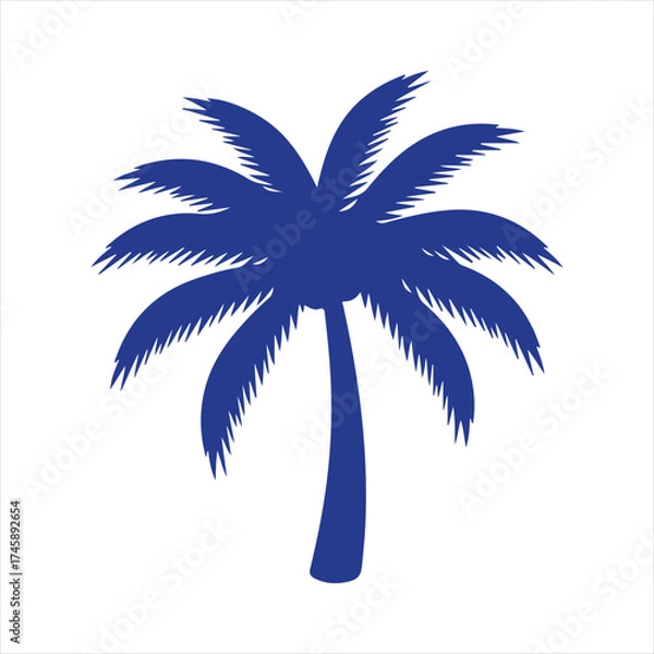 Fototapeta Vector art of a stylized blue silhouette of a palm tree with lush fronds, isolated on a