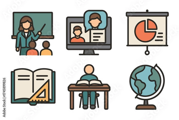 Fototapeta Education and learning vector icon set. Collection of symbols for school, university, and online courses.