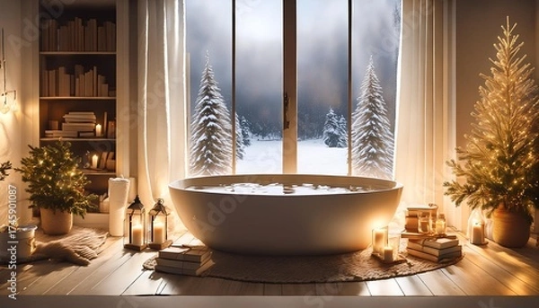 Obraz Relaxing Bath at Dusk with Bathtub Filled with Hot Steamy Water Standing in Front of Big Window Looking into Wintry Landscape. Christmas Tree, Lit Candles and Books. Christmas Holiday To Do List.