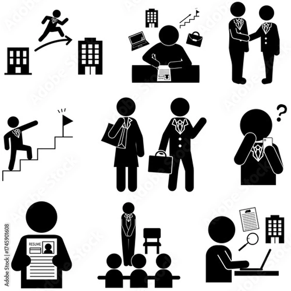 Obraz 就職活動と転職をテーマにしたビジネスピクトグラムアイコンセット
