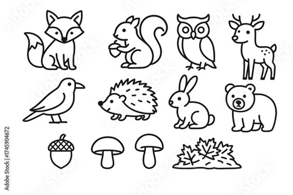 Fototapeta Outline drawings of forest animals and nature elements: fox, squirrel, owl, deer