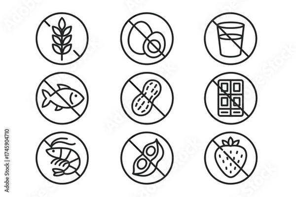 Fototapeta Allergen icons: gluten, dairy, peanuts, shellfish, soy, fish, eggs, strawberries, chocolate