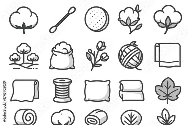 Fototapeta Set of cotton-related icons featuring plants, products, and tools in minimalist style