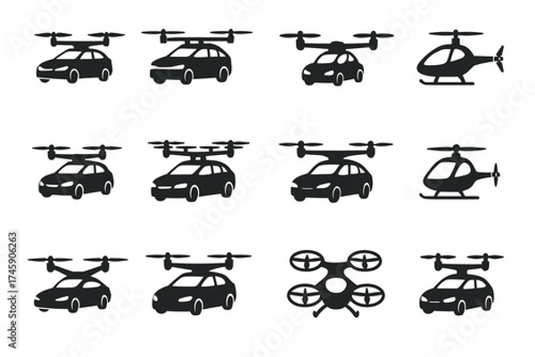 Obraz Silhouette icons of futuristic flying cars and drones