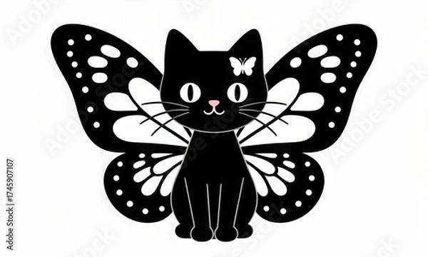 Obraz Charming Black Cat with Butterfly Wings Illustration on Clean White Background
