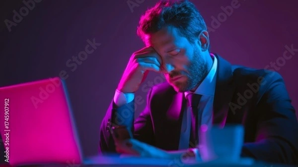 Obraz Businessman in Suit Feeling Stressed with Phone in Dim Light