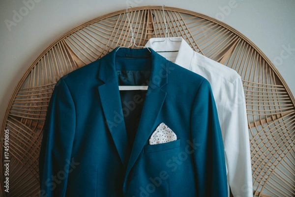 Fototapeta Le costume bleu foncé du marié suspendu avant son mariage