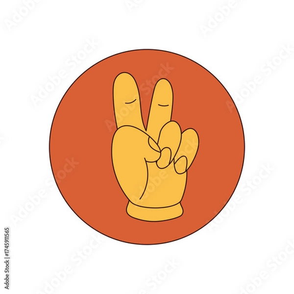 Fototapeta Groovy retro yellow hand sign as flat sticker label. Hippie symbol with positive and vintage style, circular package mark and y2k lid accent in vibrant color, ideal for sticker or label use.