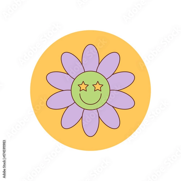 Fototapeta Groovy retro smiley flower sticker in cute cartoon graphic style and bright yellow. Happy face forms the center of this playful groovy element, ideal as a fun seal for package or box. Colorful