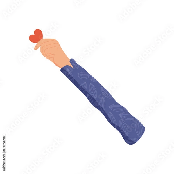 Fototapeta Flat colorful hand holding red heart symbol. Gesture of love, support, and charity. A creative representation of give and aid concept, ideal for charity, nonprofit, community projects.
