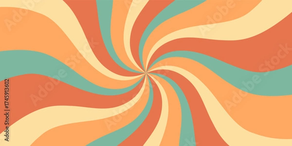 Fototapeta Retro groovy spiral sun pattern blends bold orange swirl and burst elements. Sunshine and y2k graphic create striking background, horizontal format for trendy wallpaper vibrant summer mood.
