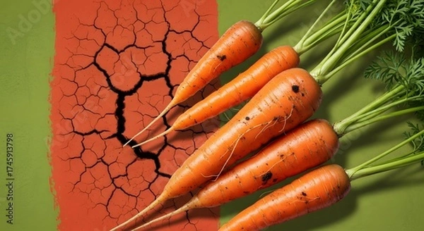 Fototapeta A group of carrots lying on a background with cracked earth art