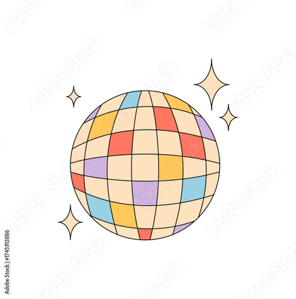 Fototapeta Groovy retro disco ball sticker in a funky and colorful style. Y2k party scene with music, sparkle, and a vibrant groovy element add cheerful flair. Ideal for pop or vintage fun design concepts.