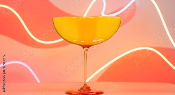 Fototapeta Close up of an orange liquid in a glass with a colorful background