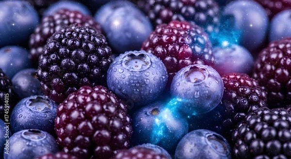 Fototapeta A close up shot of blueberries and blackberries with water droplets