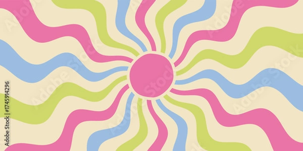 Fototapeta Groovy retro sun burst wave background with vibrant sunshine circle and wavy color lines. Y2k style sun and burst shape create cool graphic scene. Horizontal orientation, trendy pop art mood.