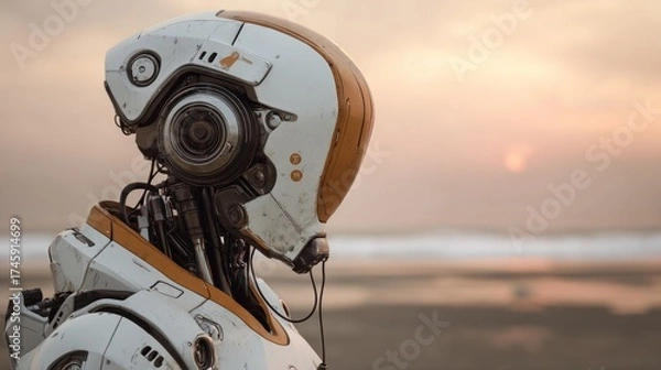 Fototapeta Futuristic robot profile portrait on beach transparent background with sunset