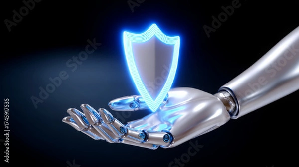 Fototapeta Futuristic robotic hand holding a glowing blue shield icon, symbolizing security and protection in a digital world, showcasing advanced technology and innovation
