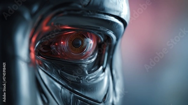 Fototapeta Close up of a mechanical eye with metallic textures and glowing details