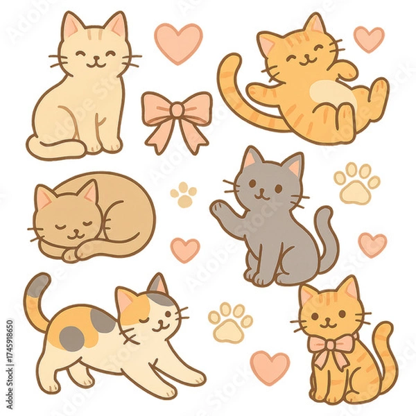 Fototapeta Adorable Valentine cats doodle collection with playful kittens hearts ribbons and sweet expressions a charming vector set perfect for cards stickers and festive merch