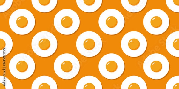 Fototapeta Fried eggs seamless pattern on orange background. Cartoon flat vector food print.