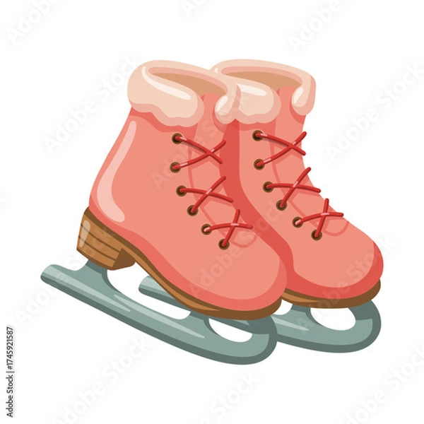 Fototapeta Pair of cute pink ice skates with fur trim and red laces. Hand drawn vector isolated illustration. 