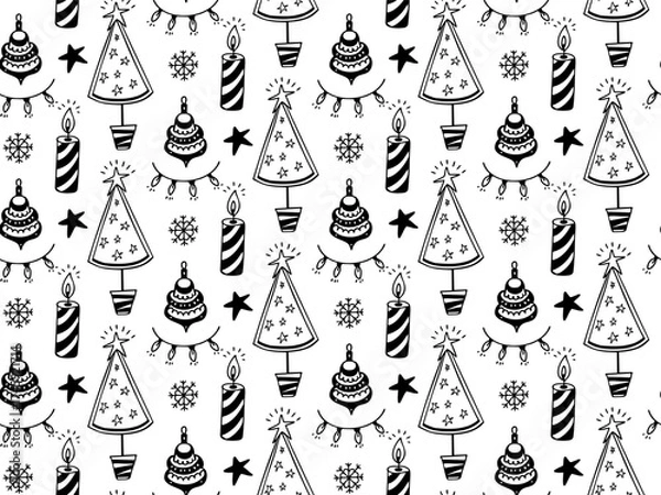 Fototapeta Seamless hand drawn Christmas pattern with doodle candles and trees. Outline vector background. 