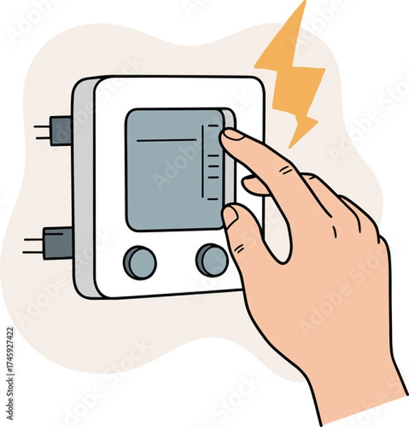 Fototapeta Hand adjusting settings on a digital thermostat with power icon  