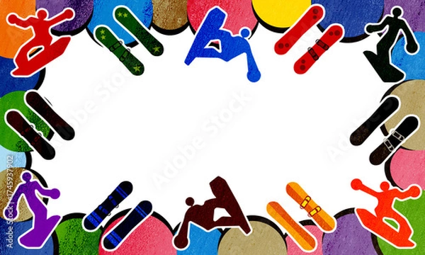 Obraz ざらざらの質感、滑る選手のシルエット等でデザインした冬のスポーツのスノーボードのイラストのフレーム、背景