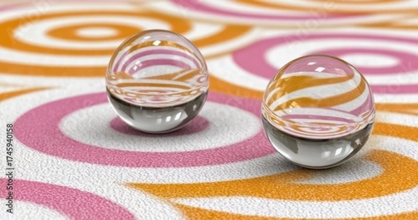 Fototapeta Two clear spheres on a pink and orange background. The spheres are reflecting the surrounding colors