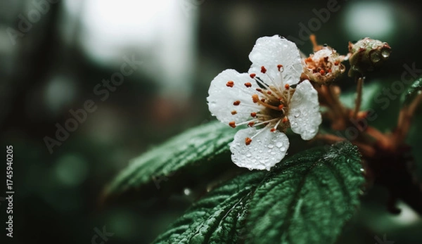 Fototapeta White flower with brown spots on it is covered in raindrops. The flower is surrounded by green leaves