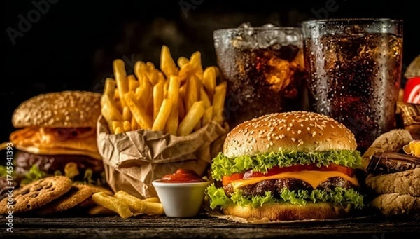 Fototapeta Table is set with a variety of food and drinks, including a burger, fries, and a soda